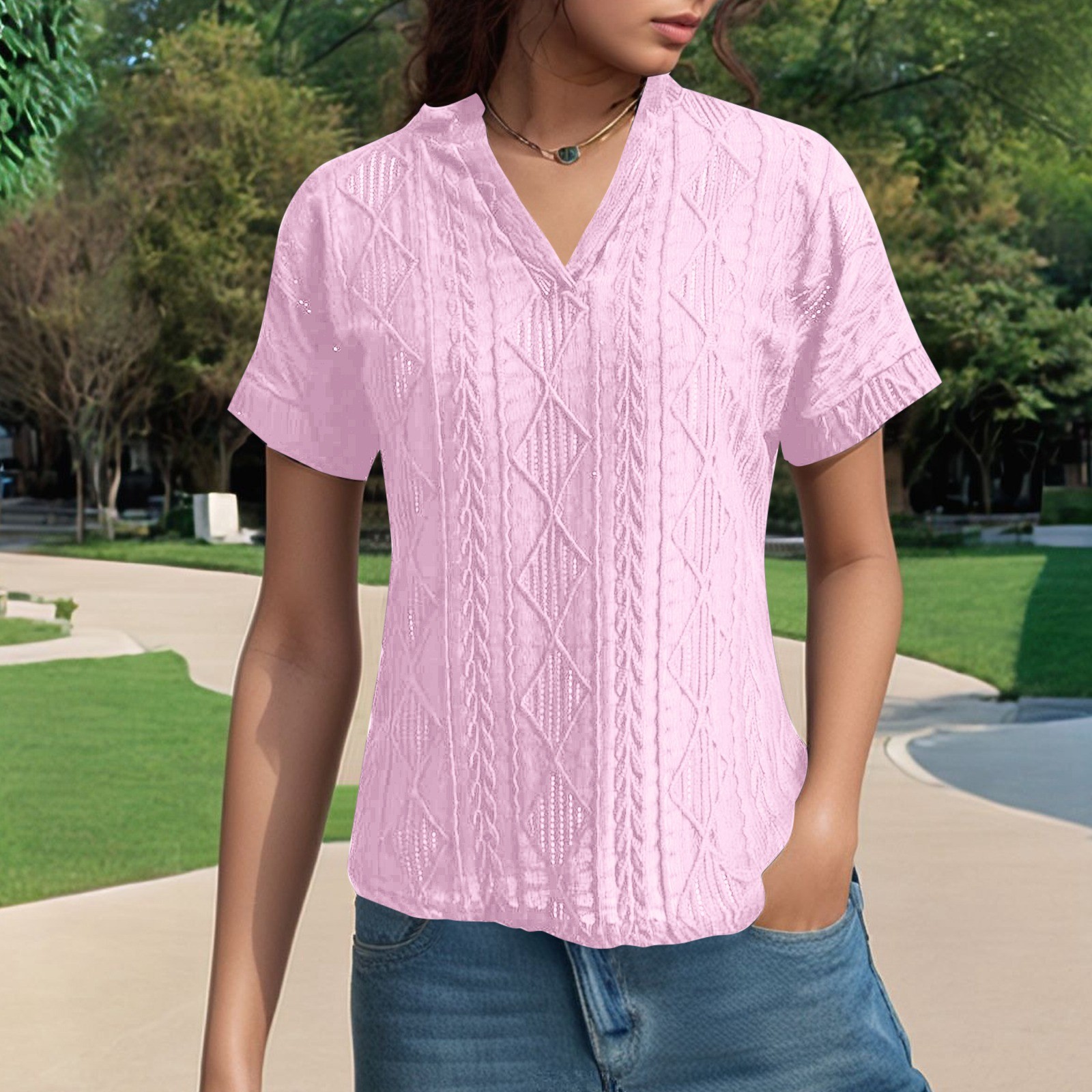 thumbnail image 2 of Camisa de punto jacquard holgada con cuello en V para mujer: manga corta, detalle de cordones, informal de verano, fácil de cuidar, 2 of 7